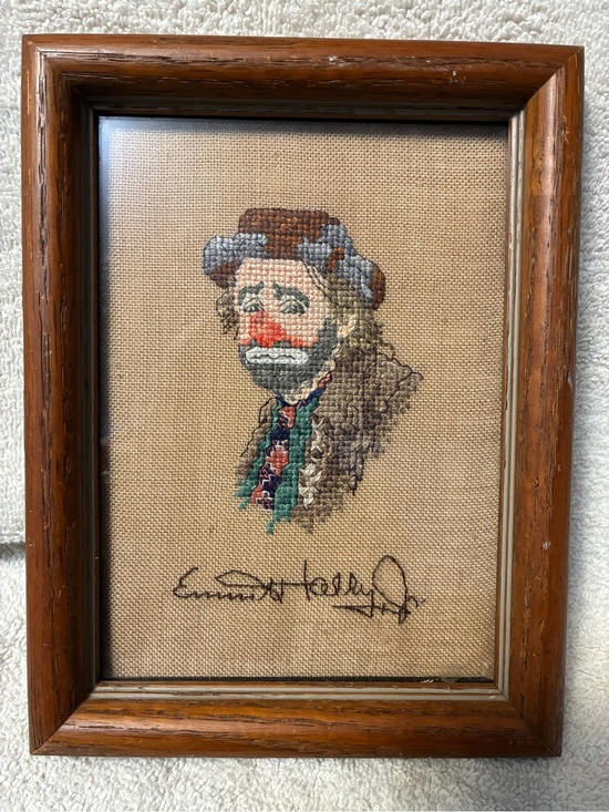 None Other - Vintage Framed Hand Embroidered Clown Weary Willy Emmett Kelly in Oak Frame